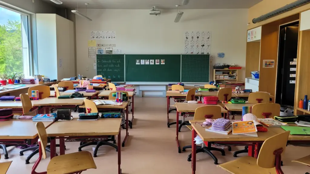 Kaasaegne tühi klassiruum Ridala põhikoolis koos laudade ja toolidega.
